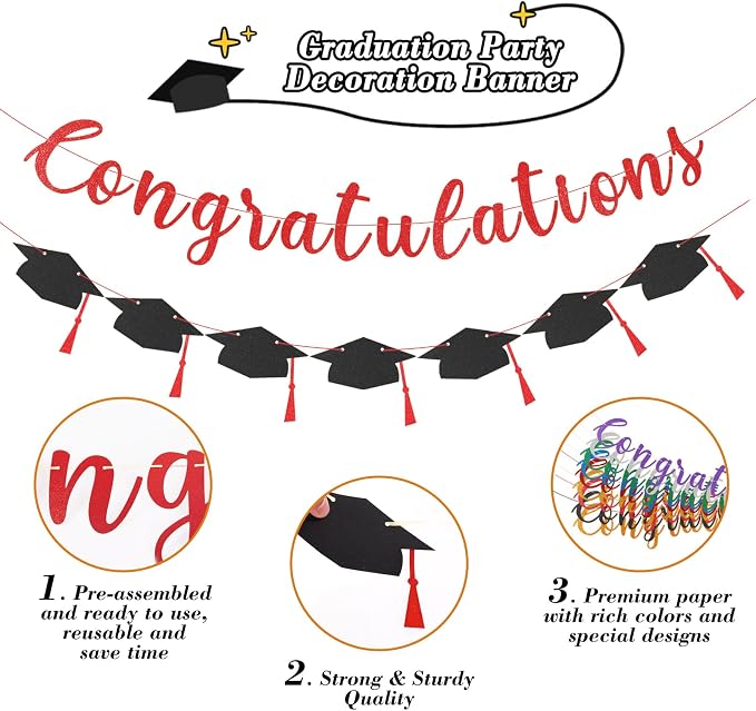 Class of 2026 Graduation Decorations Pre-Strung Glitter Congratulations Banner - Image 2