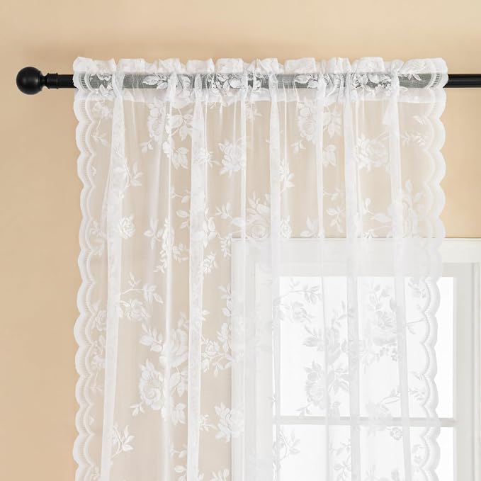 SEEKRIGHT White Lace Curtains 90 Inches Long 2 Panels Victorian Floral Sheer - Image 3
