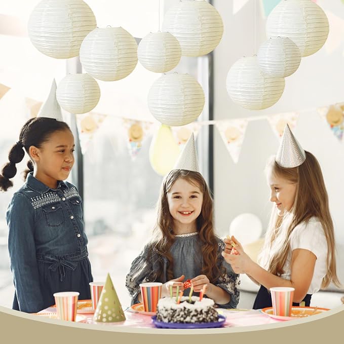 Cream Paper Lanterns 9Pcs Hanging Round Paper Lanterns Lamp - Image 2