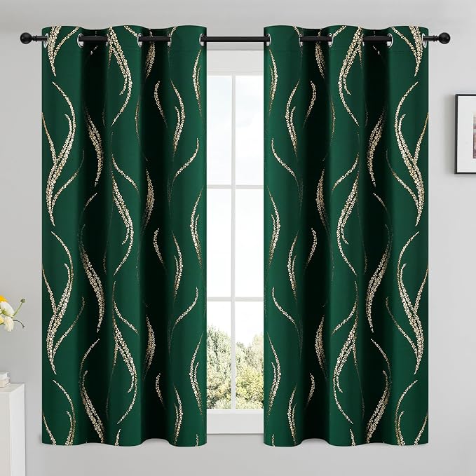 Yakamok Emerald Green Curtains for Livingroom Foil Print W42 x L54-inch | - Image 2