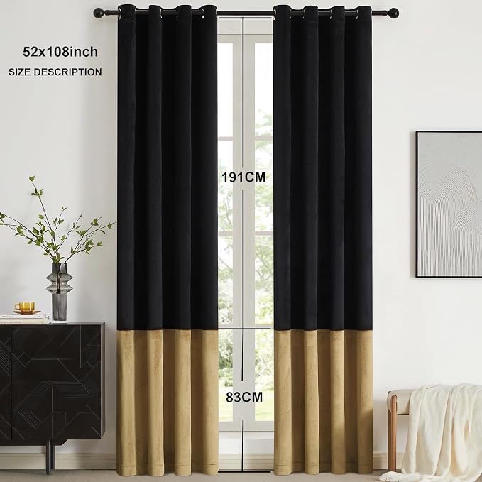 BULBUL Black Gold Color Block Window Curtains Panels 108 inches Long Velvet - Image 6
