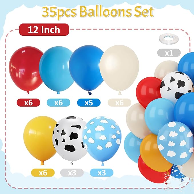 Red Blue Yellow Balloons 12inch Cow Print Sky Blue White Cloud Balloon - Image 4