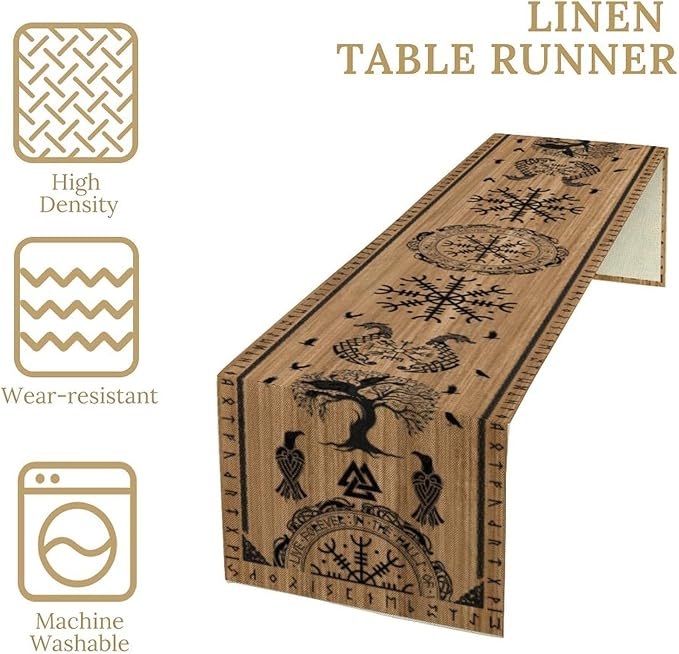 Viking Tree of Life Table Runner, Wooden Printed Eagle Dragon Boat Rudder Seasonal Kitchen Dining Table Decoration for Home Party 13x120 Inch