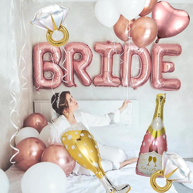 9 Pcs Bride Balloons, Huge Rose Gold Champagne Bottle Goblet Aluminum Foil - Image 2