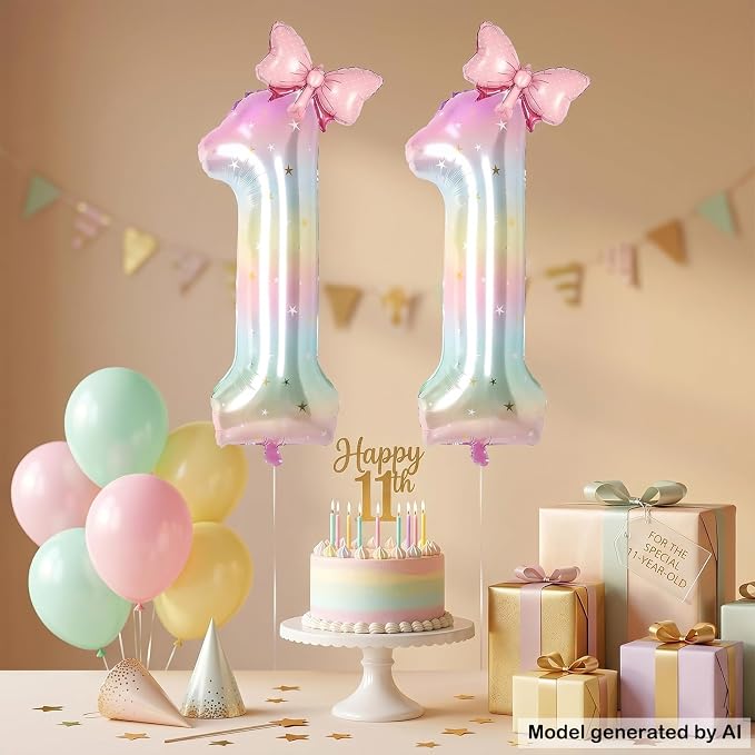 40" Giant Pastel Rainbow Number 11 Balloon Foil Pink Bow Decor Kit | Large 11 - Image 4