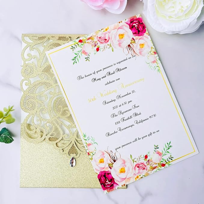 Hosmsua 50PCS Personalized Wedding Invitations Kit 5.12 x 7.3 Laser Cut Hollow Rose Rhinestone Pocket with Envelope for Wedding Quinceanera Invite (Champagne Gold Glitter)