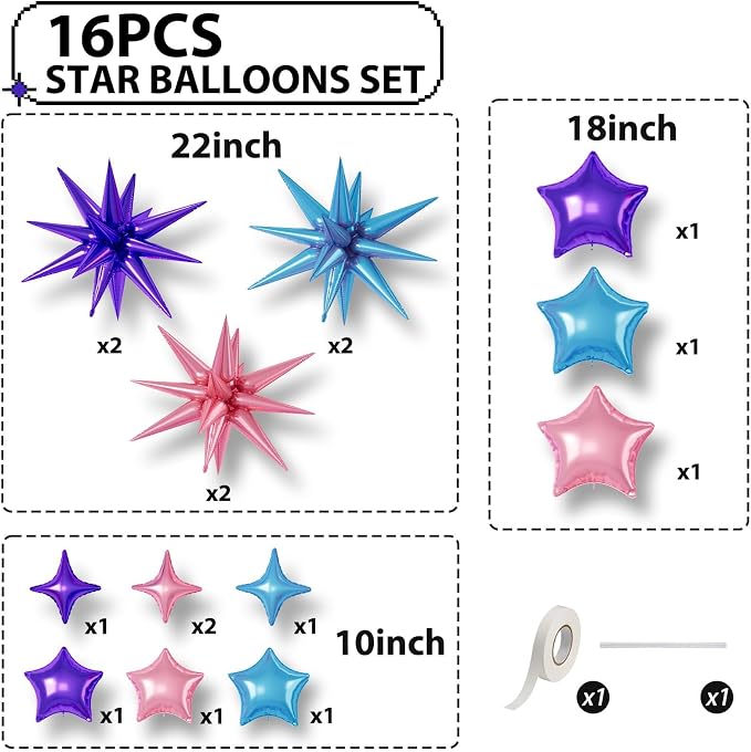Pink Purple Blue Star Balloons, 22/18/10 Inch Foil Balloons, Four-Pointed - Image 2
