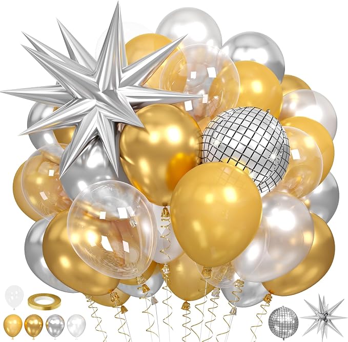 60pcs Gold and Silver Balloons, Metallic Pearl Silver Gold Balloons Clear by Paready