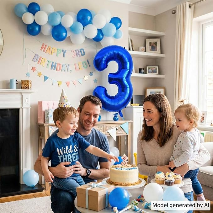 Navy Blue Number 3 Balloon 40 Inch, Metallic Foil Numeral Celebration Decor | - Image 6