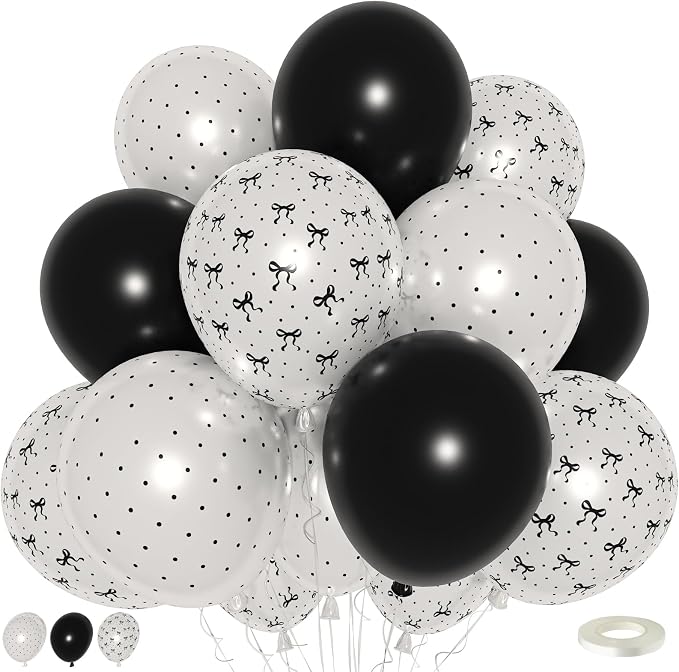 Black and White Bow Balloons, Pearl Black White Bow Print Latex Balloons - Image 5