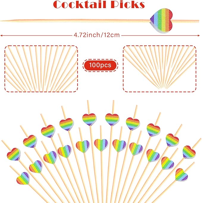100pcs Rainbow Color Love Heart Cocktail Picks Rainbows Stripe Decoration - Image 2