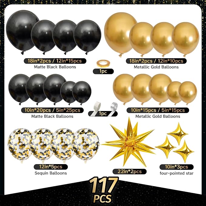 Black and Gold Balloon Arch Kit 117 PCS, and Gold Confetti Balloons, Party - Image 2