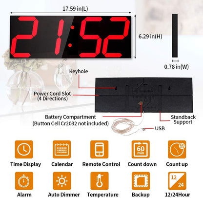 Goetland 18 inch Oversized Digital Wall Clock LED Modern Large Display Temperaturer Multi Functional Remote Control 4-Digit for Kitchen Office Living Room Classroom Single Red