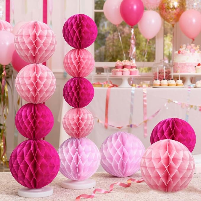 Pink Paper Honeycomb Balls, 6 and 10 inch Hanging Tissue Pompoms, 12 Pack Party - Image 4