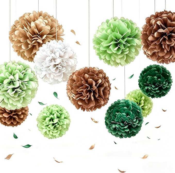 AimtoHome 12Pcs Jungle Paper Pom Poms Decorations, 10/8/6 Inch Green Brown by AimtoHome