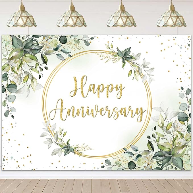 10x7ft Happy Anniversary Backdrop Sage Green Eucalyptus Wedding Anniversary by Sensfun