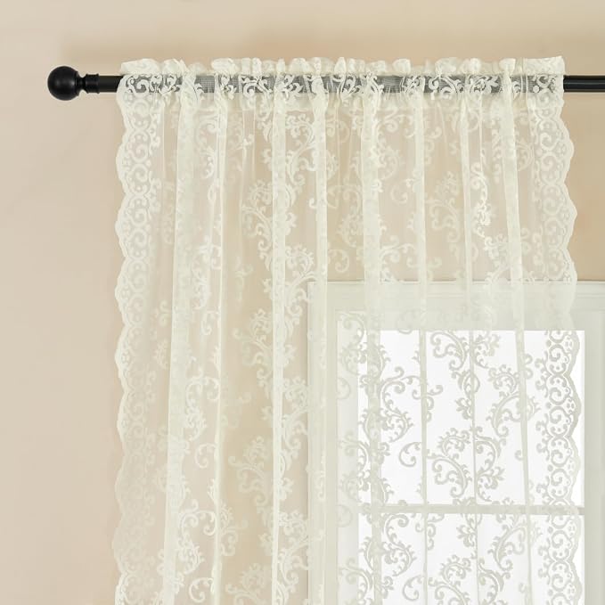 FOLKSIDE Ivory Lace Curtains 80 Inches Long 2 Panels Victorian Paisley Sheer - Image 3