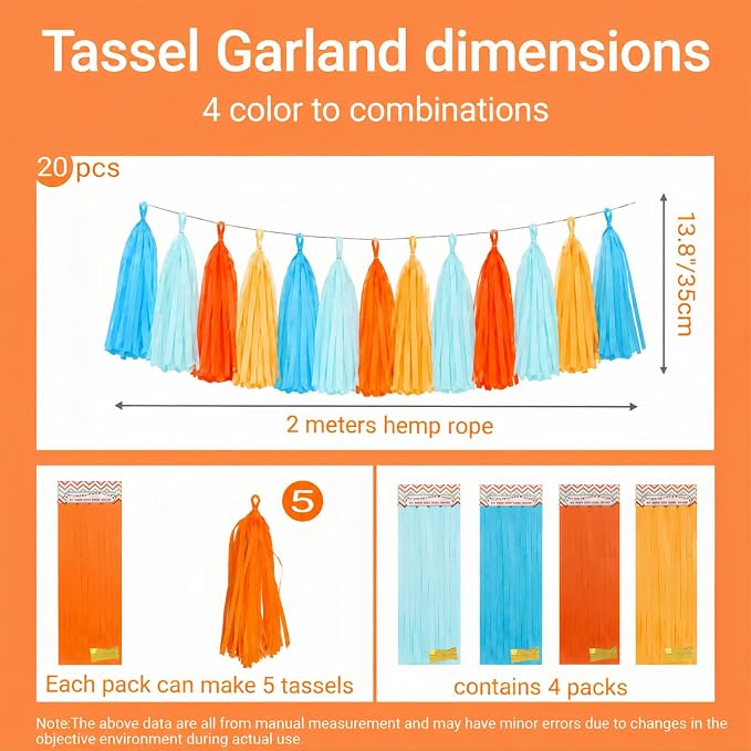 Orange and Blue Paper Tassel, 20 Pack, Party Decorations - Image 5