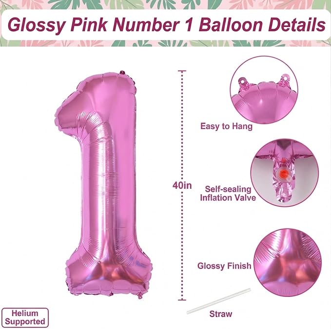 Pink Number 1 Balloon 40 Inch, Shiny Foil Numeral - Image 4