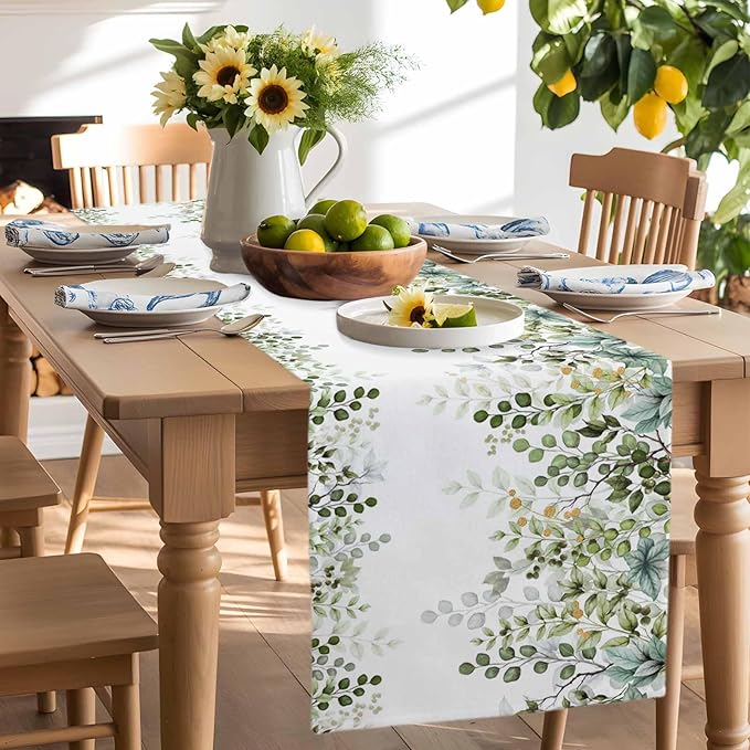 Sage Green Eucalyptus Cotton Linen Table Runner for Dining Kitchen, Farmhouse Leaves Wedding Outdoor Party Tablerunners Decoration Botanical Floral Dresser Scarf Coffee Tablecloth Runners 13x90 Inches