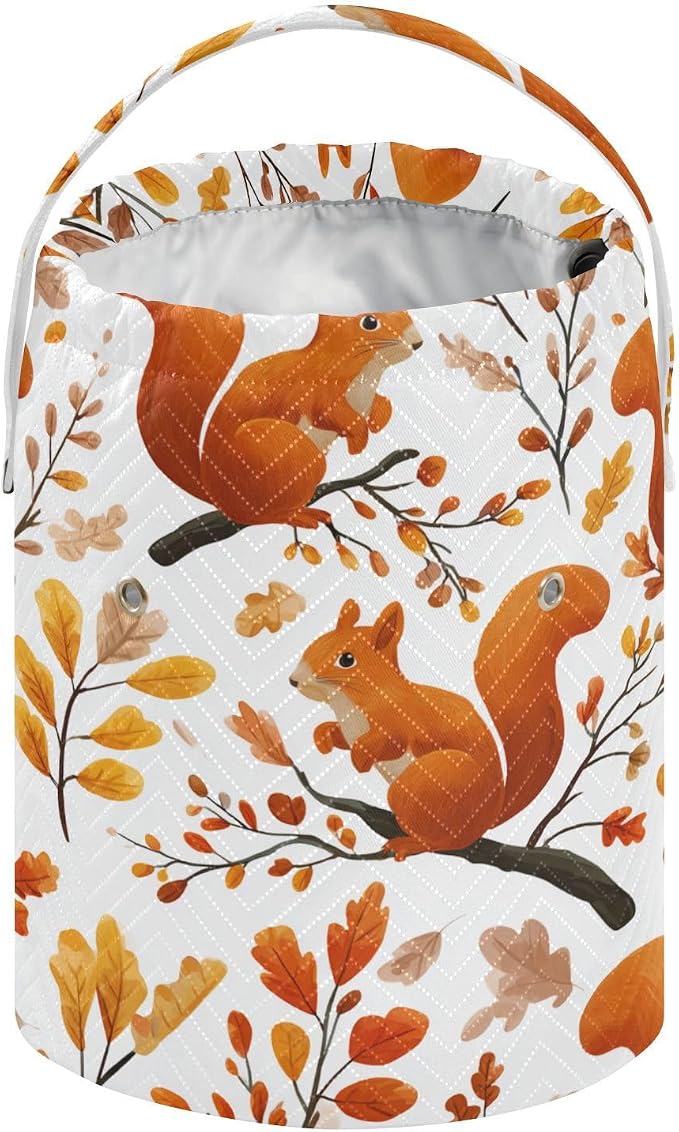 Orange Autumn Squirrels and Leaves Yarn Bag Small Crochet Bag Drawstring Yarn - Image 2