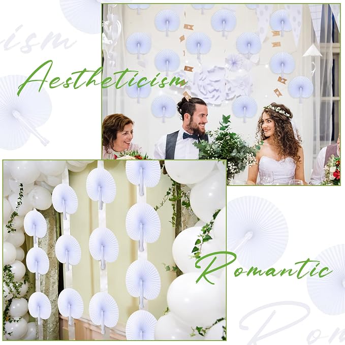 Yulejo 100 Packs White Wedding Fan Round Folding Paper Fans - Image 6