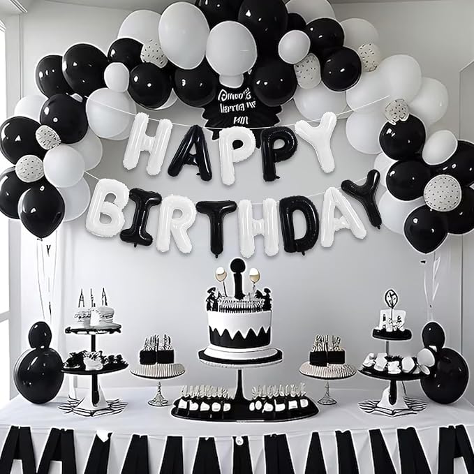 TONIFUL 16 Inch Black and White Happy Birthday Balloon Banner Decorations | - Image 4