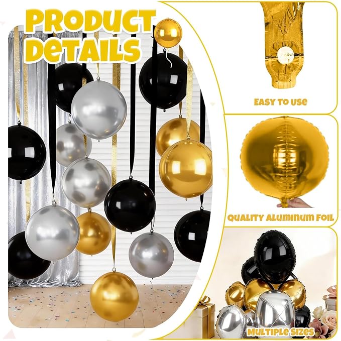 12Pcs Black and Gold Round Balloons Foil, Giant Gold Black Silver Metallic - Image 3