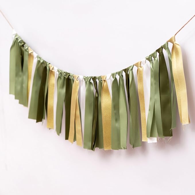 Sage Green and Gold Ribbon Tassel Garland Banner | Wild One Birthday Party - Image 6