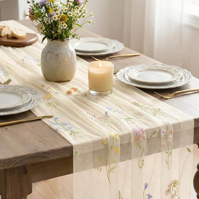 Artoid Mode Wildflower Floral Beige Apricot Gauze Embroidery Table Runner 120 - Image 4