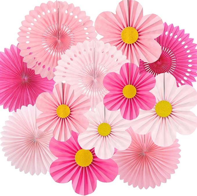 ADLKGG Pink Paper Fans Wall Decor, Flower Backdrop Party Decorations | 12 Pcs by ADLKGG