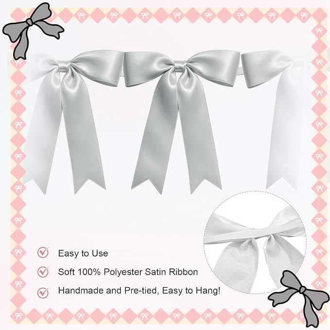 1 String of 8PCS Silver Bow Garland Banner Decoration, Pre-Strung Satin Ribbon - Image 3