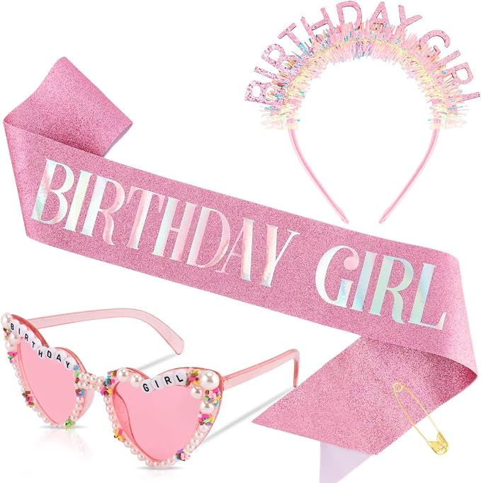 Atoden Birthday Girl Sash Glitter Headband Tiara Crown Sunglasses Pink Happy - Image 9