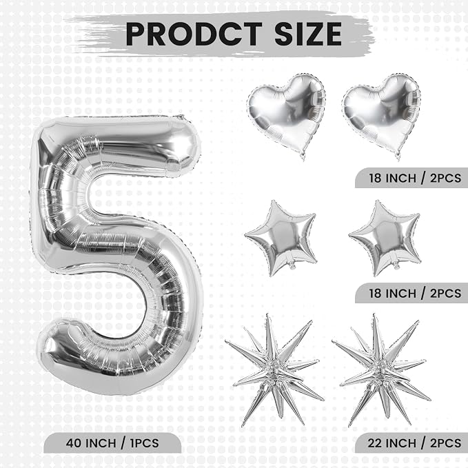 TONIFUL 5th Birthday Balloons Kit 40Inch Silver Large Number 5 Foil Balloon | - Image 2