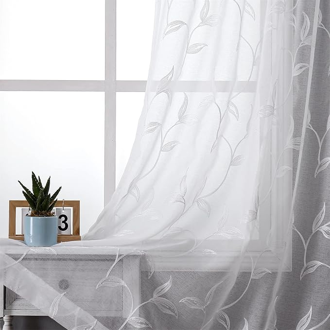 White Sheer Curtains Boho Leaf Floral Embroidered 54Wx96L | Light Filtering by VISIONTEX