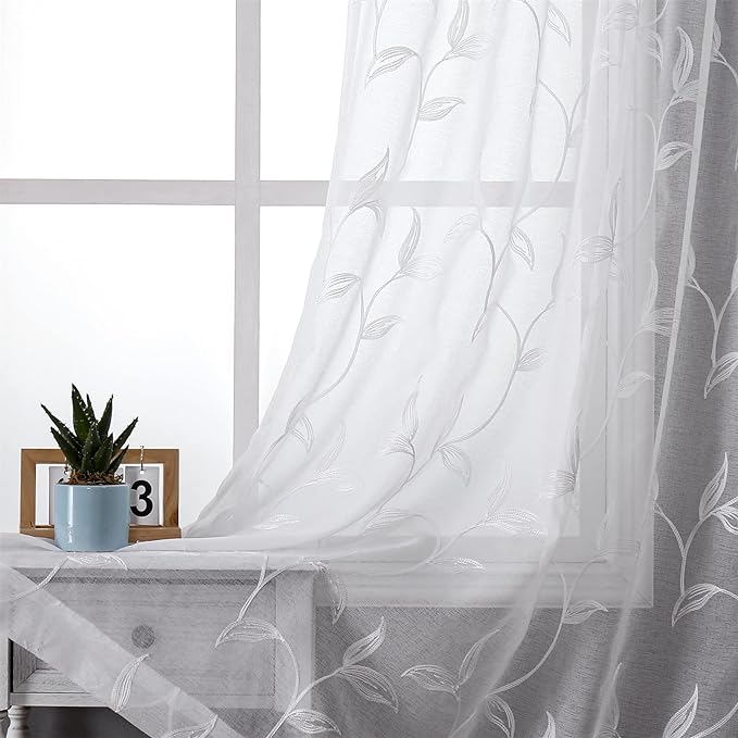 White Sheer Curtains Boho Leaf Floral Embroidered 54Wx84L | Light Filtering by VISIONTEX