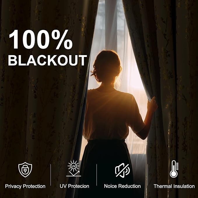 NICETOWN 100% Blackout Floral Beige Curtains - Image 2