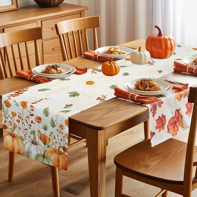 Fall Wildflowers Cotton Linen Table Runner for Dining Kitchen, Thanksgiving Pumpkin Outdoor Party Rustic Tablerunners Decoration, Botanical Floral Vintage Dresser Scarf Tablecloth Runners 13x60 Inches