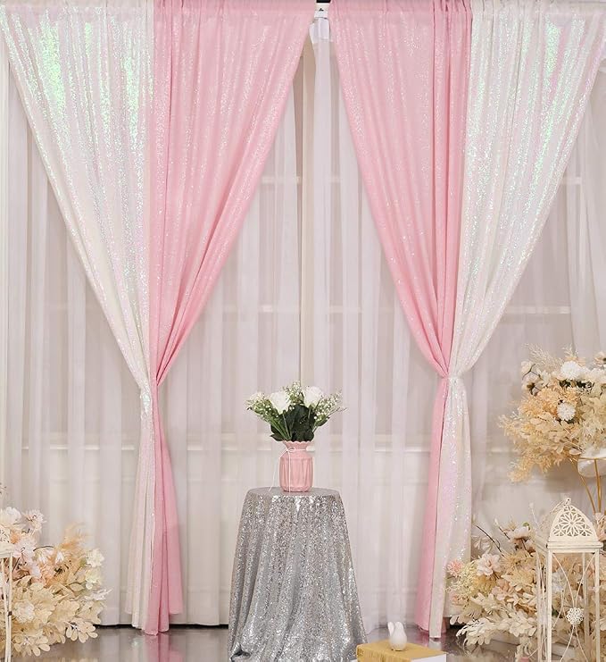 Poise3EHome 2Pcs 2Ft x 8Ft Pink Sequin Backdrop Curtains, Glitter Photography - Image 3
