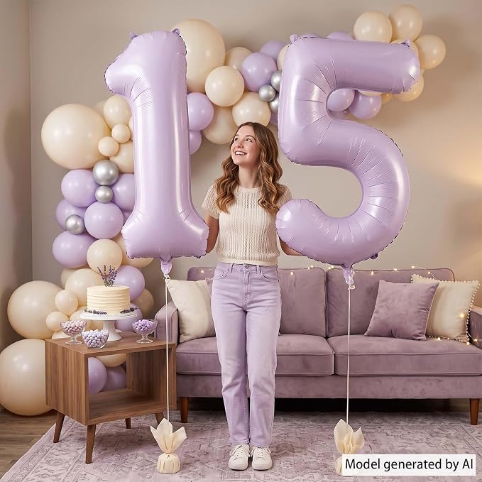 Cream Purple Number 15 Balloon 40 Inch, Foil Numeral - Image 6
