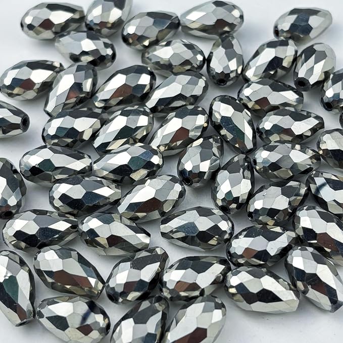 130pcs 6x8mm Teardrop Crystal Glass Beads for Jewelry Making, Faceted Vertical Hole Teardrop Glass Spacer Beads for Wind Chimes Bracelet Earring Necklace DIY Craft(Silver)