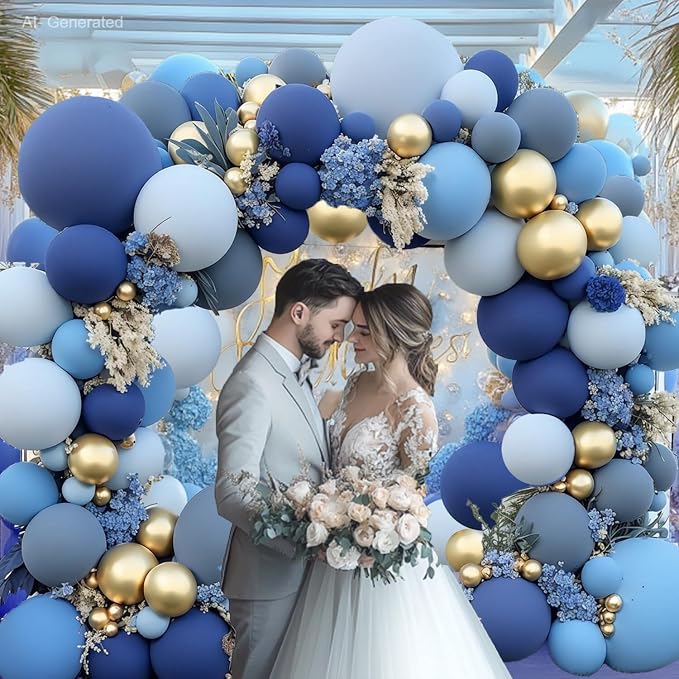 Dusty Blue Gold Balloons Arch Kit, Double Stuffed, Party. | - Image 6