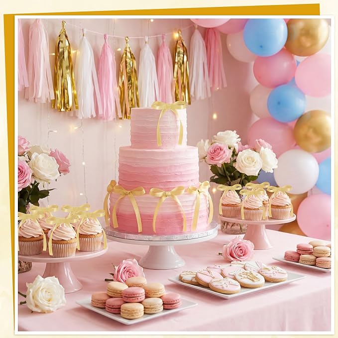 30 Pack Bow Cake Toppers Champagne Gold Ribbon Bows - Image 5