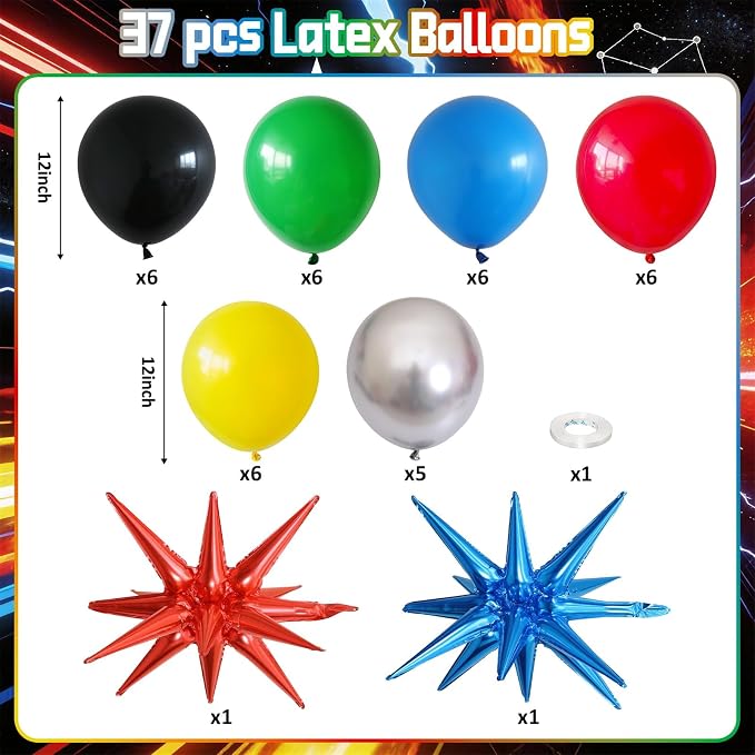 Red Blue Yellow Green Black Balloons, 22 Inch Red Blue Explosion Star Foil - Image 2