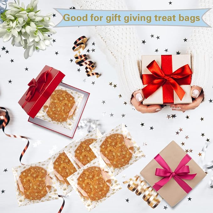 COQOFA 100 Pcs Star Printed Sealable Gift Wrap Cello Cellophane Bags Self - Image 4