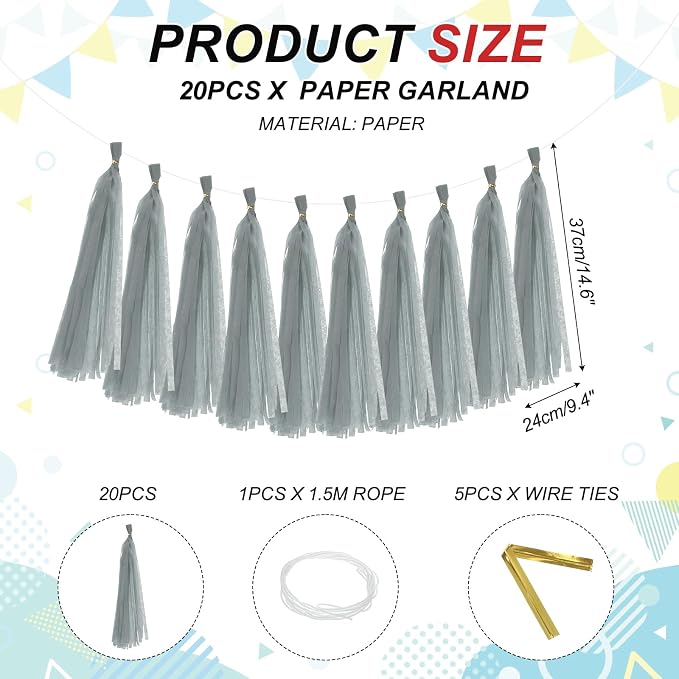MECCANIXITY 20Pcs Tassel Garland Banner Tissue Paper - Image 2