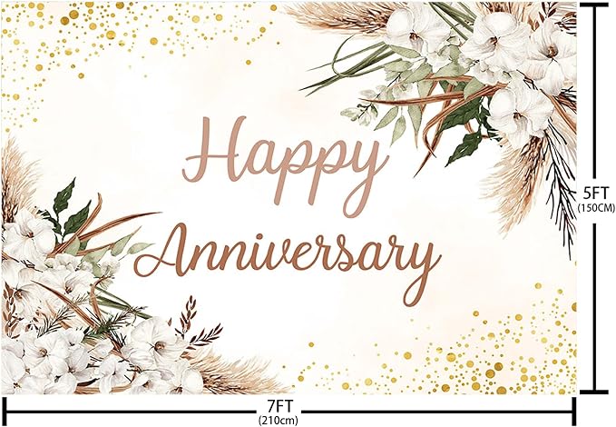 MEHOFOND Boho Happy Anniversary Backdrop White Floral Bohemia Pampas Grass - Image 4