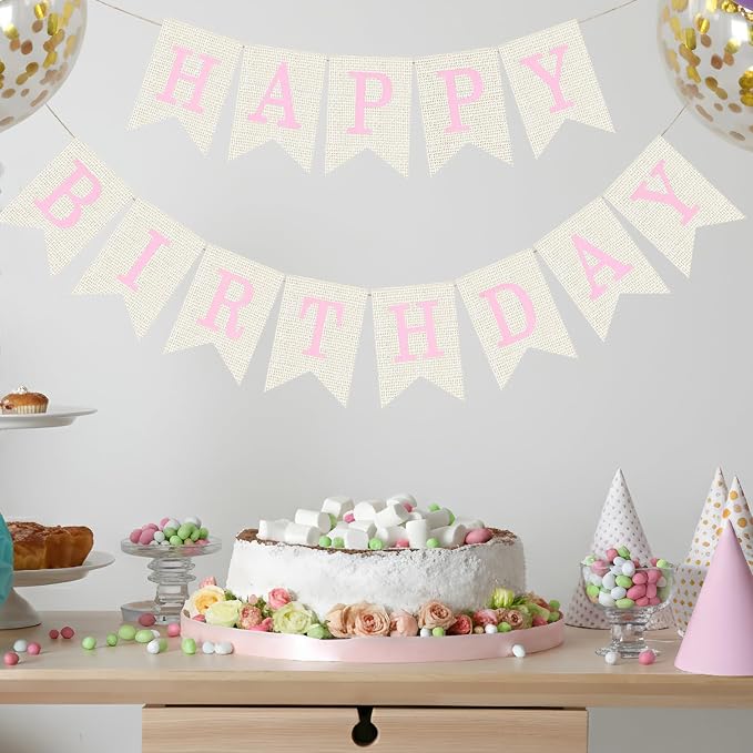 White Burlap Happy Birthday Banner Sign Birthday Garland Wall Door Hanging - Image 4