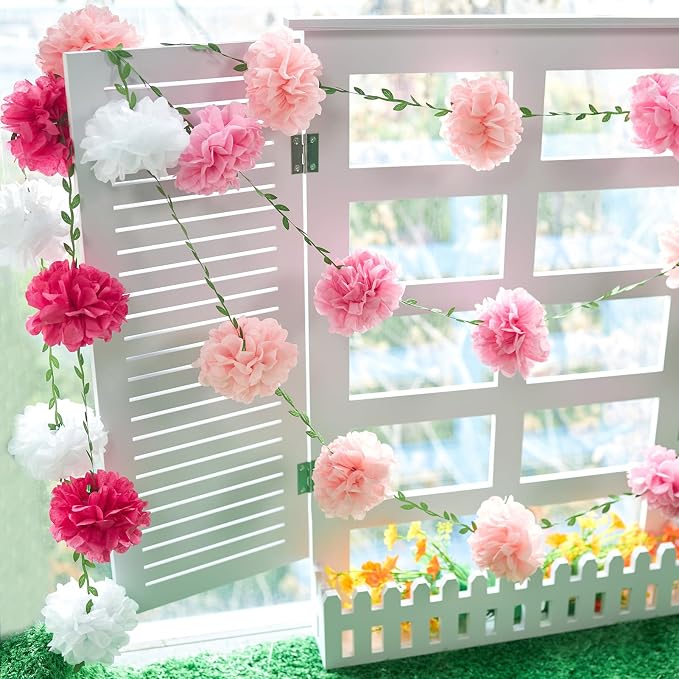 Gradient Pink Tissue Paper Pom Pom Garlands, Paper Flowers - Image 4