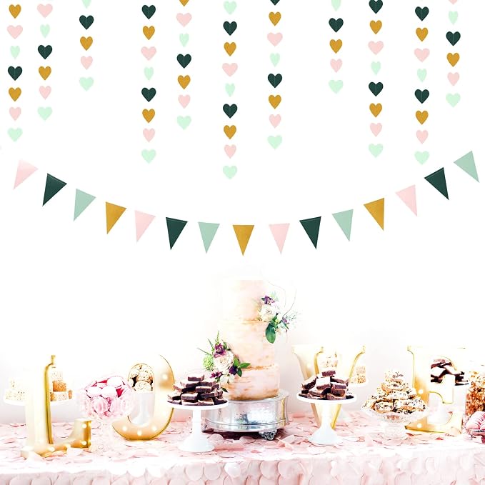 Sage-Green Mint Pink-Gold Love-Heart Garland - 52Ft Rustic Wedding Hanging - Image 6